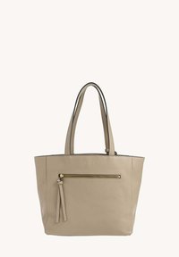 Sac fourre-tout beige avec double poignée, cuir texturé, poche zippée à l'avant avec un détail à frange, forme rectangulaire et couture de contraste sur les bords.