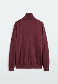 Kastanienbrauner Rollkragenpullover mit langen Ärmeln, gerippten Bündchen und Saum. Texturiert mit einem weichen Aussehen, von hinten betrachtet.