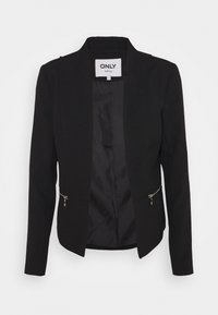 Blazer noir à texture lisse, coupe cintrée, devant ouvert et zips latéraux. Comprend une étiquette à l'intérieur et pas de boutons visibles.