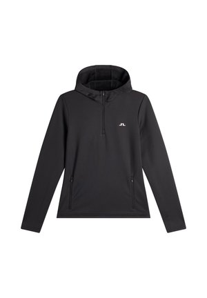 Zwarte fleece trui met een kwartrits, aangezette capuchon en twee met rits afsluitbare zijzakken. Voorzien van een klein wit logo op de borst.