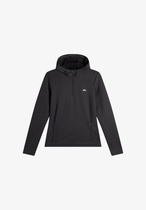 Zwarte fleece trui met een kwartrits, aangezette capuchon en twee met rits afsluitbare zijzakken. Voorzien van een klein wit logo op de borst.