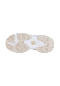 Suela de una zapatilla, con un material blanco con un patrón texturizado, acentos en marrón claro y un logo circular en el centro.