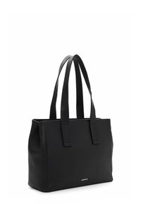 Zwarte leren tote bag met twee stevige handgrepen, rechthoekige vorm, gestructureerd oppervlak en een minimalistisch ontwerp. Beschikt over een klein logo aan de voorkant.