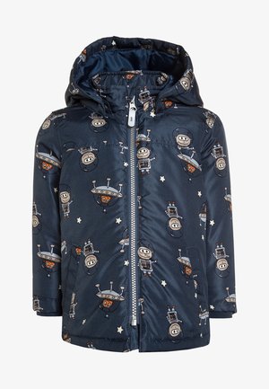 Veste matelassée bleu marine avec capuche, ornée d'un imprimé intégral de robots et d'OVNIs, fermeture éclair argentée et deux poches latérales.