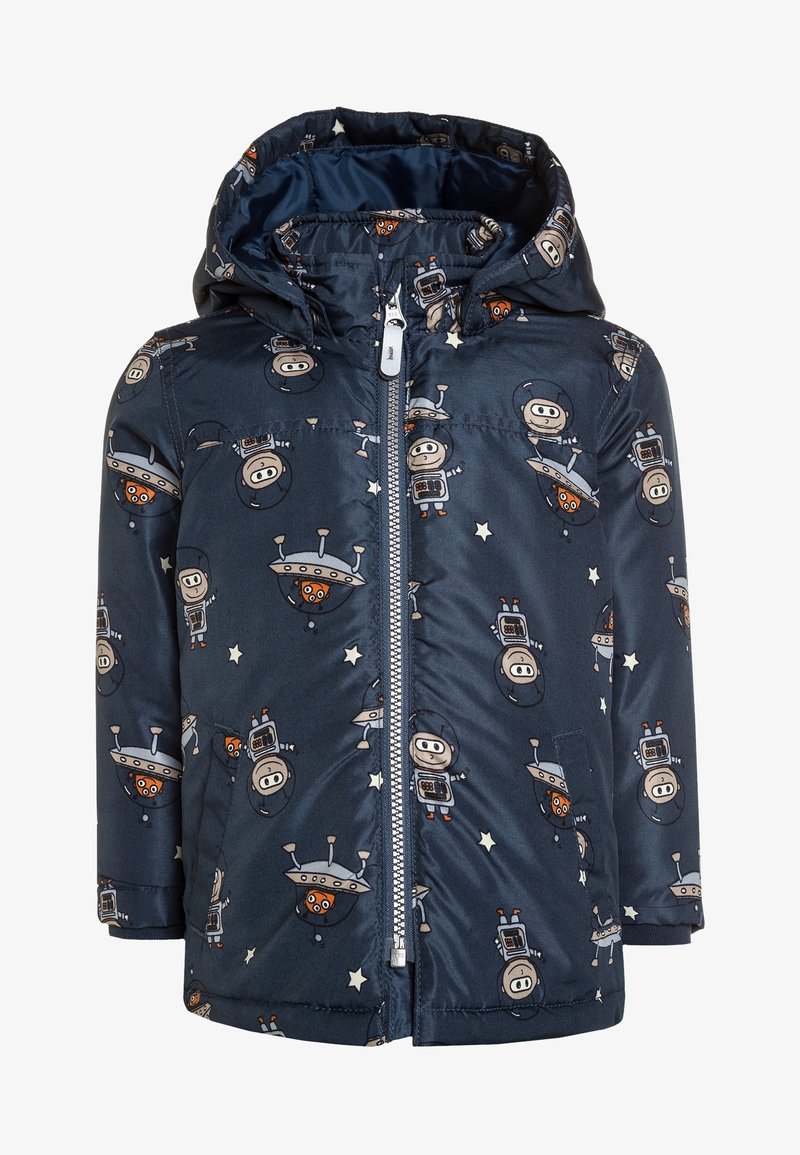 Veste matelassée bleu marine avec capuche, ornée d'un imprimé intégral de robots et d'OVNIs, fermeture éclair argentée et deux poches latérales.