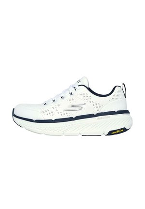 White sneaker with navy accents, mesh upper, lace-up design, and a thick cushioned sole. Features "MAX CUSHION" and a Goodyear logo.
