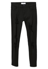 Jeans skinny de mezclilla negra con detalles desgastados en los muslos, diseño de cinco bolsillos y cierre con botón superior. Textura suave, material duradero.