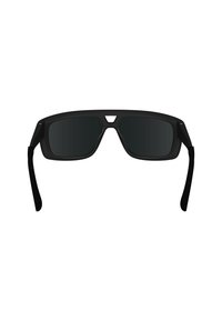 Black sunglasses with dark lenses, a wide frame, and a distinct triangular nose bridge. Slim, straight temples tapering down.