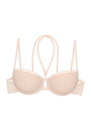 Nude lace bra with contour cups and geometric pattern, featuring scalloped edges and adjustable straps with a decorative back strap design.