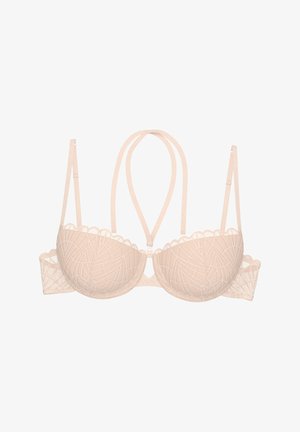 Nude lace bra with contour cups and geometric pattern, featuring scalloped edges and adjustable straps with a decorative back strap design.