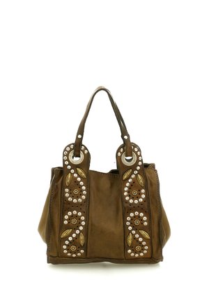 Borsa a mano in pelle marrone con due manici, decorata con motivi di foglie d'oro e piccoli borchie rotonde d'argento con design floreali e a spirale.