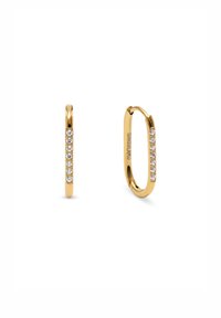 Boucles d'oreilles en or en forme de créoles, au design épuré, ornées de petits strass transparents incrustés sur un côté pour une touche de détail.