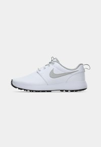 White athletic shoes with a smooth synthetic upper, gray accents, rounded toe, and a textured black rubber sole. Lace-up design with logo.