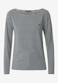 Långärmad randig skjorta med horisontella svarta och vita ränder, en rundad Halsringning och en liten logotypdetalj på bröstet.