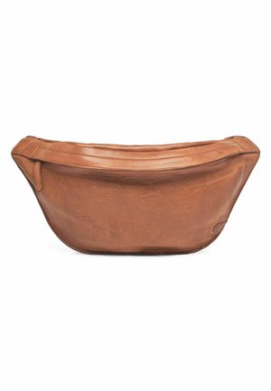 Brown leather bag with a smooth, slightly textured surface, a curved shape, and a seamless zipper closure at the top.