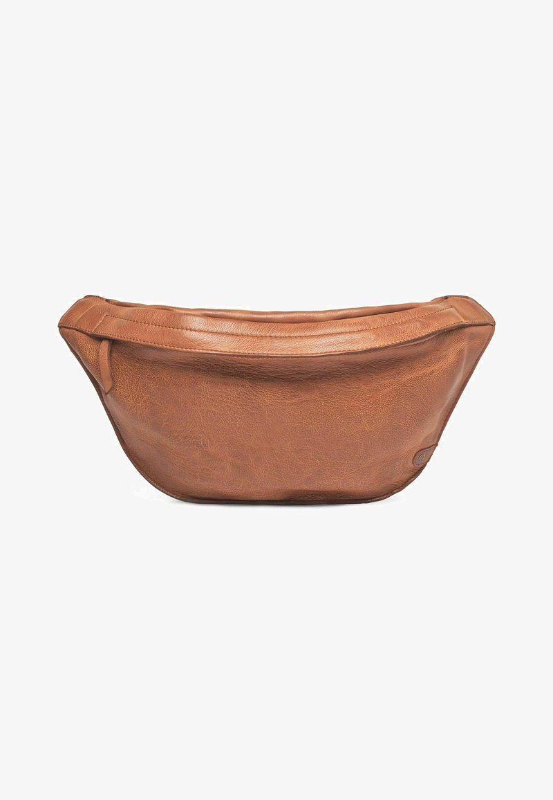 Borsa in pelle marrone con una superficie liscia e leggermente texture, forma curva e chiusura con zip senza cuciture nella parte superiore.