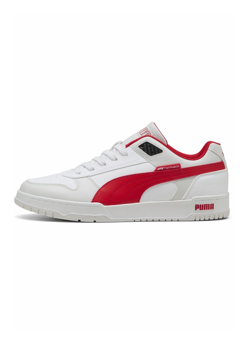Weißer Sportschuh mit roten Akzenten. Mit einem Obermaterial aus Leder, perforierten Seiten und Gummisohle. Logo auf der Seite und der Zunge gedruckt.