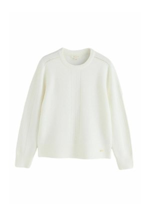 White knitted long-sleeve sweater with crew neck and subtle vertical stitch patterns on front and sleeves.