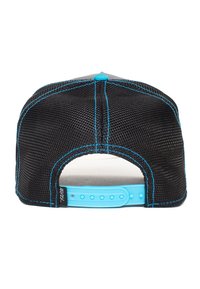Black mesh trucker cap with blue stitching and adjustable snapback closure. Features a solid gray front panel. Texture is breathable and lightweight.