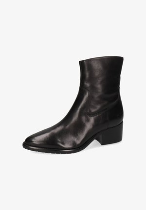 Schwarze Lederstiefelette mit niedrigem Blockabsatz und spitzer Zehenform, glatte Oberfläche und seitliche Steppnaht.