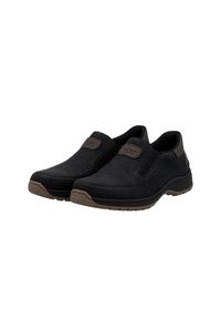 Schwarze Slipper mit glattem Lederobermaterial, elastischen Seitenpaneelen und brauner Gummisohle. Verfügt über ein brandmarkiertes Detail auf der Zunge.