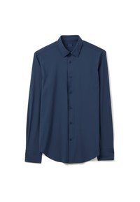 Camicia a maniche lunghe blu navy in tessuto morbido, con chiusura a bottoni, colletto a punta e orlo dritto senza motivi visibili.