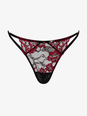 Czarny koronkowy string z czerwonym haftem w kwiaty i podwójnymi bocznymi paskami, z małym centralnym akcentem w postaci czerwonego klejnotu.