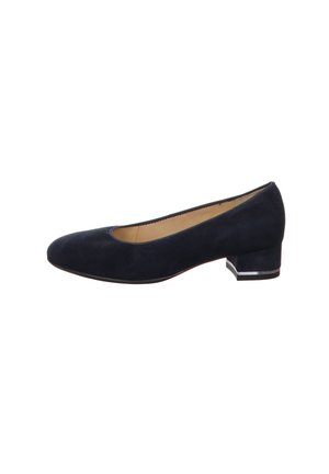 Navy suede low-heeled pump with rounded toe and subtle tonal stitching. Features a small block heel with a silver accent at the base.