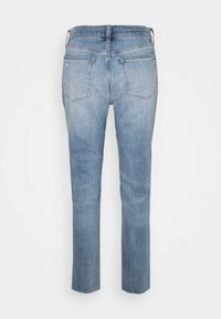 Ljust blå denimjeans med rak benmodell, hög midja, två bakfickor och diskret blekt detaljer.