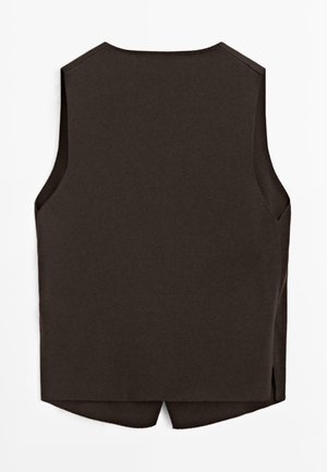 Gilet marrone scuro senza maniche con schiena dritta, scollo rotondo e piccole aperture laterali all'orlo.