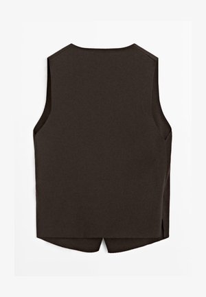 Dunkelbraune ärmellose Weste mit geradem Rücken, rundem Ausschnitt und kleinen seitlichen Schlitzen am Saum.