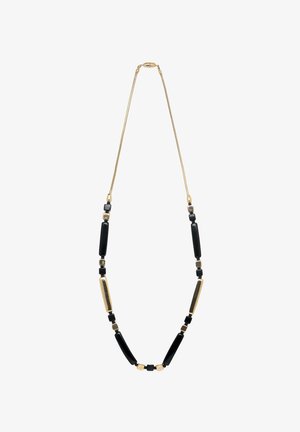 Aukso atspalvio kaklo papuošalas, kuriame yra pailgų juodų karoliukų, kvadratinių ir stačiakampių akcentų bei elegantiškos, tekstūruotos grandinės.
