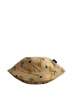 Béžový klobúk typu bucket s ilustráciami levov, žiráf, stromov a rastlín, so malou čiernou textilnou štítkou na boku.