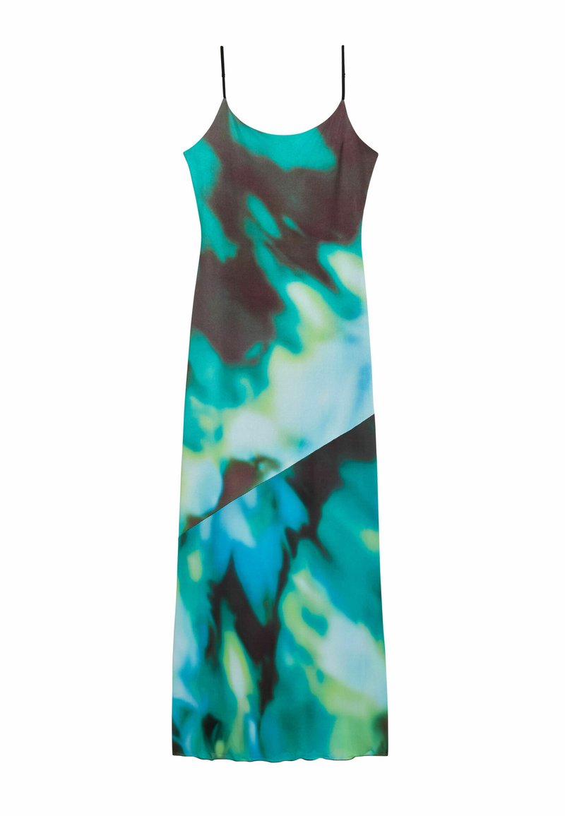 blue and green tie dye dress Green And Blue Tie Dye Print Mesh Off The Shoulder Draped Midi Dress – AX  Paris