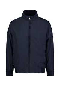 Giacca zip-up blu navy con colletto alto, polsini elasticizzati e due tasche laterali. Realizzata in materiale liscio e resistente all'acqua.