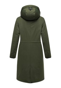 Long, hooded coat in dark green, made from smooth fabric. Features a cinched waist and two side pockets. Minimalist design with no visible embellishments.