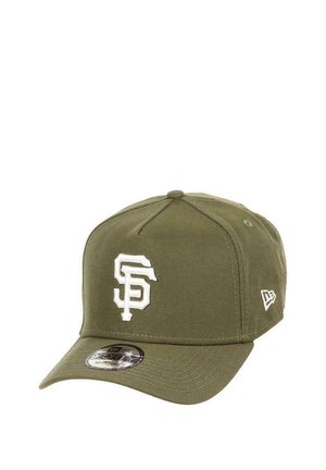 Olive green baseball cap made of cotton, featuring a white "SF" logo on the front and a curved brim. Adjustable snapback closure at the rear.