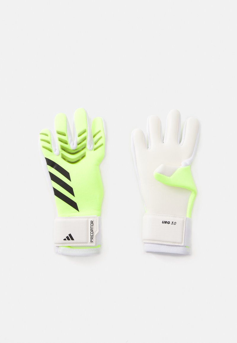 Neon yellow goalkeeper gloves with black accents, textured grip on fingers, white wrist straps, and branding on the cuff and palm.