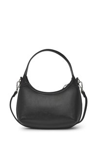 Borsa a tracolla nera in pelle con forma arrotondata, manico corto e tracolla removibile. Texture liscia con design minimalista.