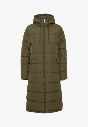 Olivenfarvet pufferjakke med hætte, har en fuldlængde lynlås, justerbare snore og to lynlåslommer på siden.