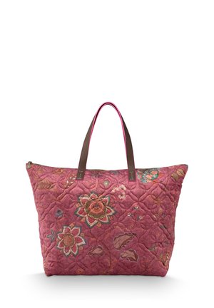 Quilted pink tote bag with floral patterns in brown, green, and orange, featuring two dark brown handles and a zip closure.