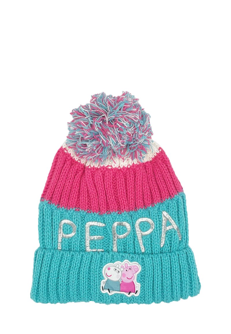Pink and blue knitted beanie featuring a pom-pom, with the word "PEPPA" in silver and a character patch. Textured, ribbed design.