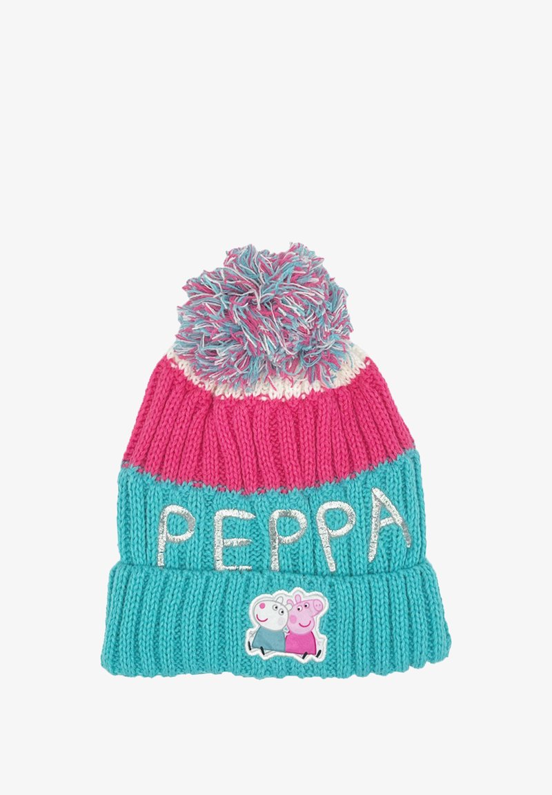 Pink and blue knitted beanie featuring a pom-pom, with the word "PEPPA" in silver and a character patch. Textured, ribbed design.