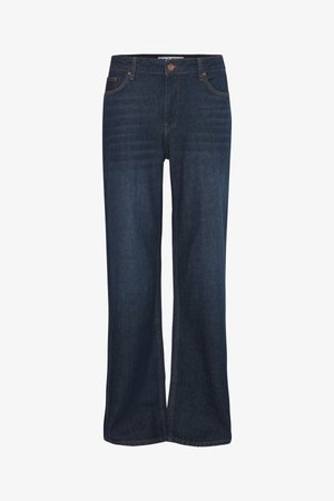 Jean denim bleu foncé à jambes larges avec poches avant, fermeture à boutons et surpiqûres contrastantes.