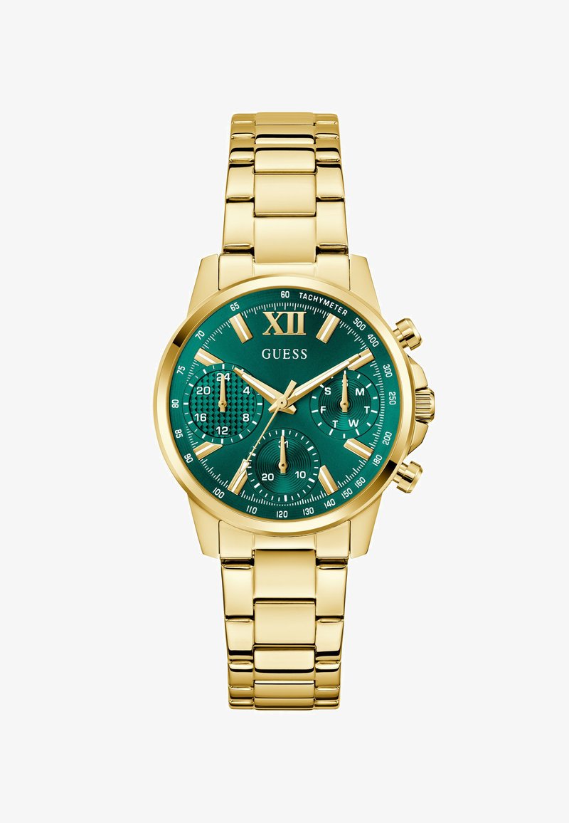 Orologio da polso in metallo dorato con quadrante verde, tre sottodial, scala tachimetrica e indici delle ore dorati, nome del marchio "GUESS" centrato sotto il XII.