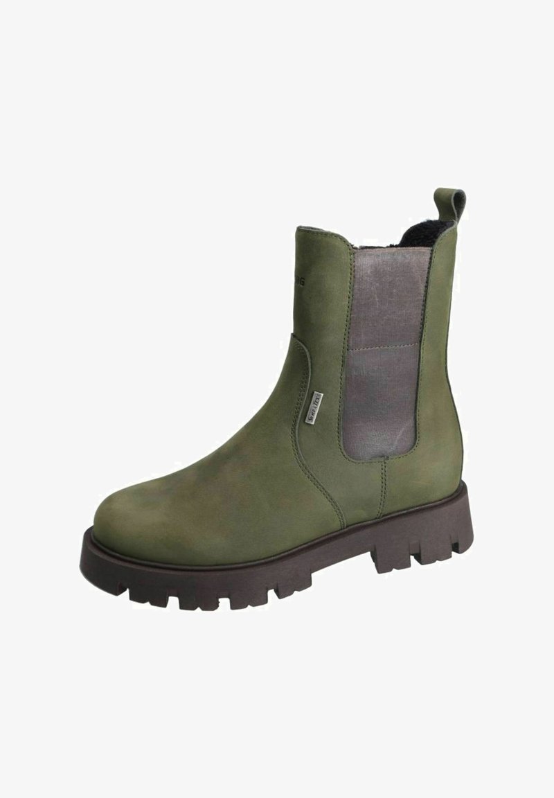 Grüne Lederstiefelette mit elastischen Seiteneinsätzen, einem strukturierten grauen Einsatz und einer massiven braunen Gummisohle für zusätzlichen Halt.