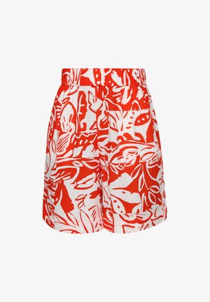 Rote und weiße Floral-Print-Shorts mit einem elastischen Taillenbund, aus leichtem Stoff gefertigt, mit abstrakten Blattformen und einer lockeren Passform.