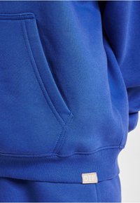 Royal blue hoodie featuring a kangaroo pocket, ribbed cuffs, and hem, with a small label reading "DEF" on the lower edge. Soft texture.