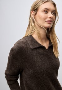 Pullover marrone, testurizzato, con scollo a collare e maniche lunghe; il tessuto appare morbido e peloso, migliorando il design complessivo.