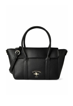 Borsa a tracolla in pelle nera texturizzata con doppi manici, tracolla regolabile e logo dorato U.S. Polo Assn. al centro frontale.